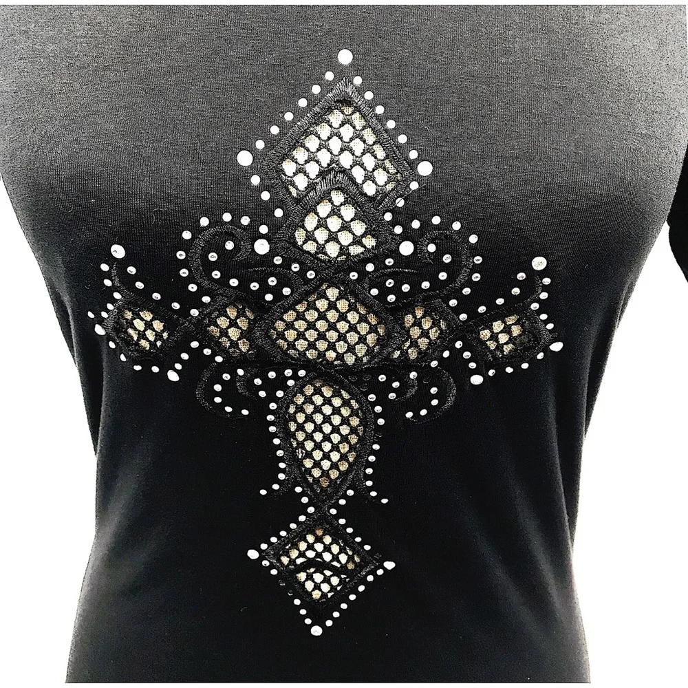 Tee Black Small Mesh See Through Cross Short Sleeve Rhinestones Biker Sexy NWT S - Picture 4 of 7